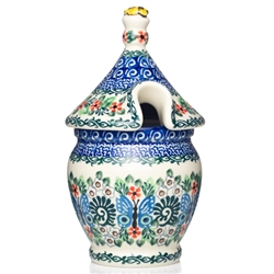 Polish Pottery 7" Honey Jar. Hand made in Poland. Pattern U1955 designed by Krystyna Deptula.