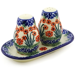 Polish Pottery 7" Salt and Pepper Set. Hand made in Poland and artist initialed.