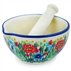 Polish Pottery 3" Mortar and Pestle. Hand made in Poland. Pattern U4921 designed by Teresa Liana.