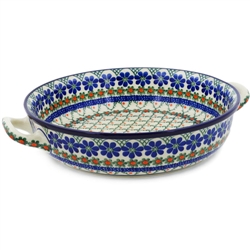 Polish Pottery 10" Round Baker with Handles. Hand made in Poland and artist initialed.