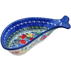 Polish Pottery 9" Fish Shaped Dish. Hand made in Poland. Pattern U5069 designed by Maria Starzyk.