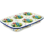 Polish Pottery 11.5" Muffin Pan. Hand made in Poland. Pattern U4875 designed by Teresa Liana.