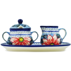 Polish Pottery 9.5" Sugar Bowl & Creamer Set. Hand made in Poland. Pattern U1913 designed by Maryla Iwicka.