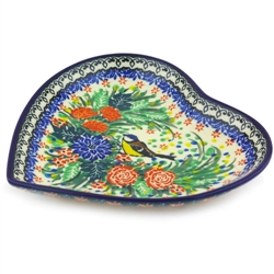 Polish Pottery 7" Heart Shaped Dish. Hand made in Poland. Pattern U4598 designed by Teresa Liana.