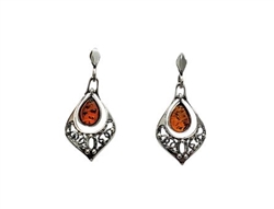 Cognac Amber Sterling Silver Post Dangle Earrings 1"