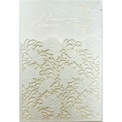 High quality, thick stock was used to make this Tri opening card. The test on the front and inside are decorated with gold hotstamp.
â€‹The over lay lace opens on the front to add a very elegant touch!
Text is in Polish language