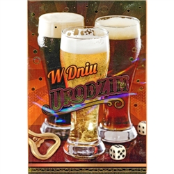 High quality, thick stock was used to make this pop-up card. The banner on the front is raised and decorated with gold hotstamp. The inside has a pop-up array of glasses full of bubbling beer! 
Text is in Polish language