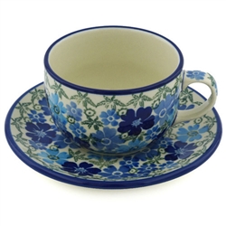 Polish Pottery 9 oz. Cup and Saucer Set. Hand made in Poland. Pattern U4230 designed by Krystyna Dacyszyn.