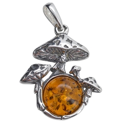 Amber Sterling Silver Mushroom Pendant 1.25"