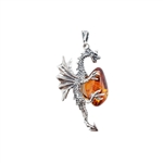 Dragon Cognac Amber Silver Pendant 2"