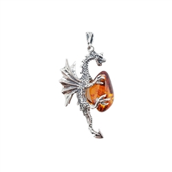 Dragon Cognac Amber Silver Pendant 2"