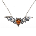 Bat Cognac Amber Sterling Silver Necklace 16"