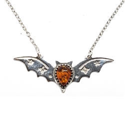Bat Cognac Amber Sterling Silver Necklace 16"