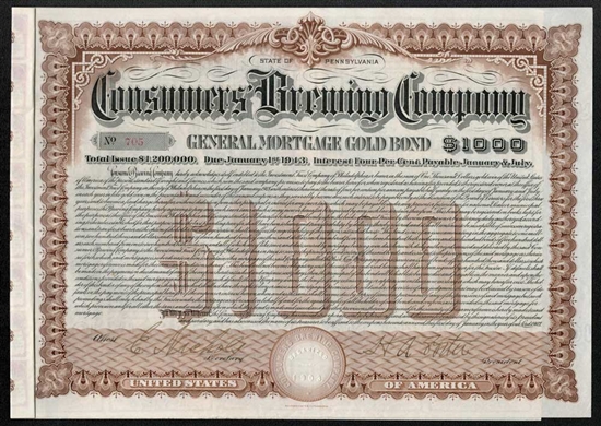 Consumers Brewing Company Bearer Bond  - 1903