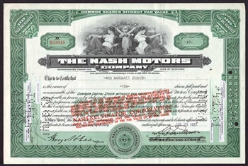 The Nash Motors Company Stock Certificate