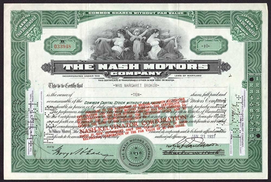 The Nash Motors Company Stock Certificate
