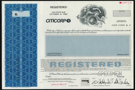 CITICORP Specimen Note Certificate - 1983