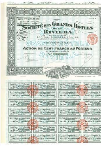 1930 French Riviera Hotel Company Stock Certificate