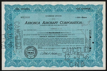 Aeronca Aircraft Corporation Stock Certificate - 1946