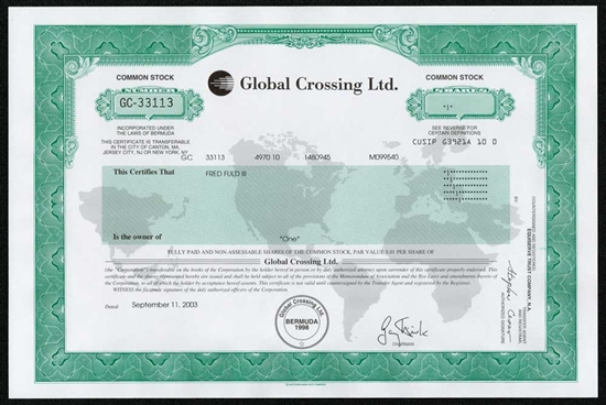 Global Crossing Stock Certificate