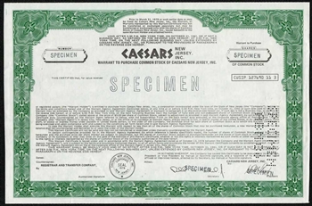 Caesars New Jersey Specimen Certificate