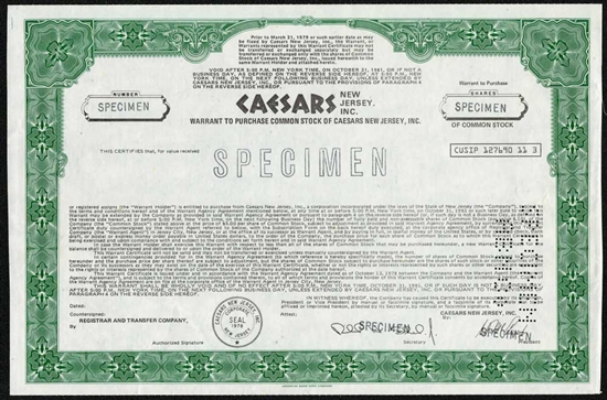 Caesars New Jersey Specimen Certificate