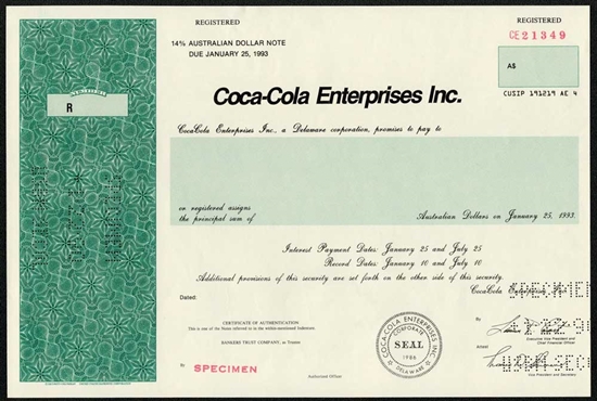 Coca Cola Enterprises Specimen Stock Certificate