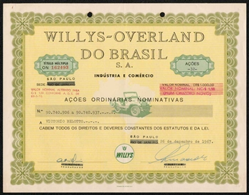 Willys-Overland Brasil Stock Certificate - RARE - 1967