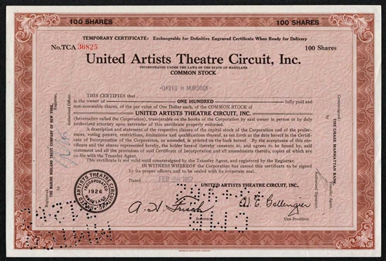 United Artists Theatre Circuit, Inc. Stock Certificate