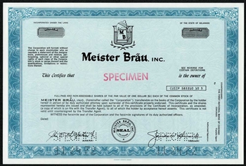 Meister Brau, Inc. Specimen Stock Certificate
