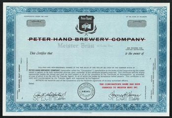 Peter Hand Brewery (Meister Brau) Specimen Stock Certificate - 1967