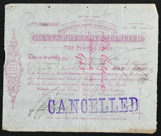1890 Bent's Brewery Co Ltd Stock Certificate - Signed by Bent