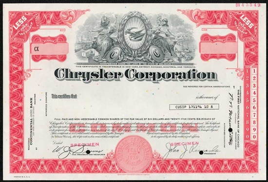 Chrysler Corp. Specimen Stock Certificate