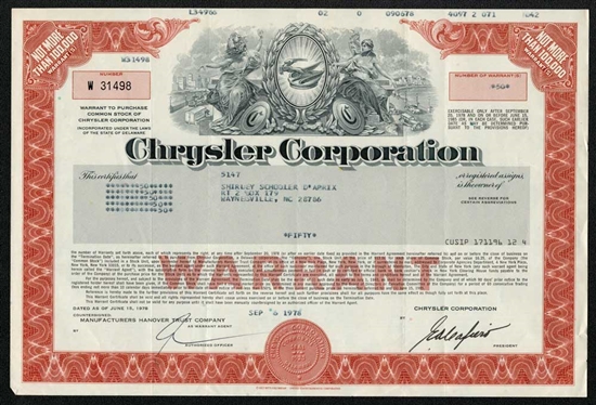 Chrysler Corporation Warrant Certificate - 1978