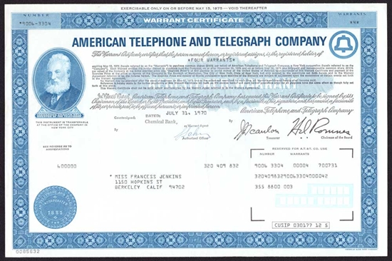 AT&T Warrant Certificate - American Telephone and Telegraph