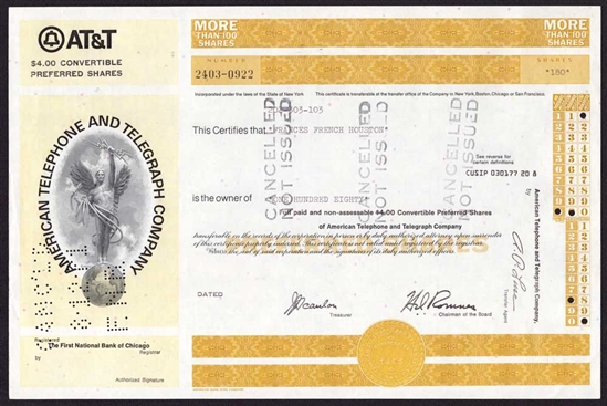 American Telephone and Telegraph Stock Certificate