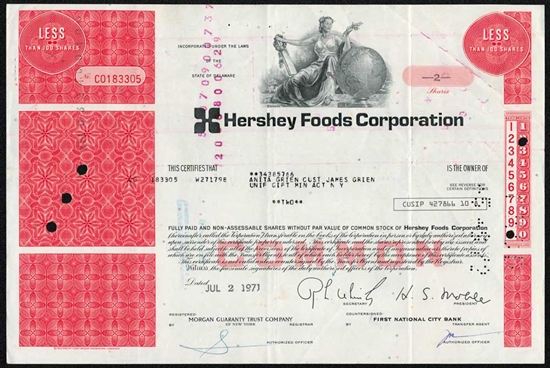 Hershey Foods Corp. Stock Certificate - Red