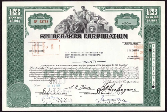 Studebaker Corporation Stock Certificate