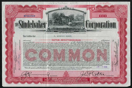 Studebaker Corp Stock Certificate - 1935