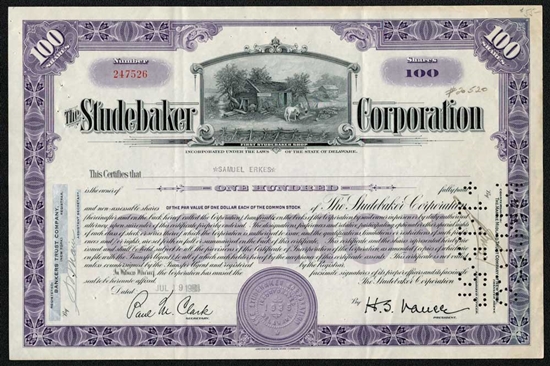 Studebaker Corp Stock Certificate - 1954