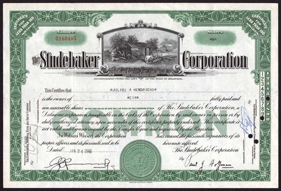 Studebaker Corp Stock Certificate - 1940s