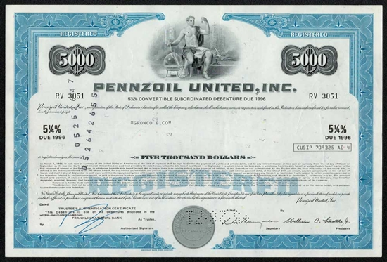 Pennzoil United, Inc. Bond Certificate $5000