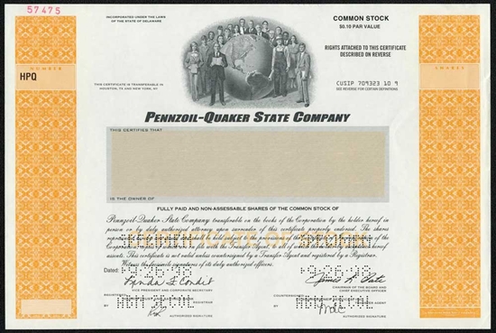 Pennzoil - Quaker State Company Specimen Stock Certificate