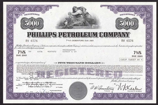 Phillips Petroleum Co $5,000 Bond Certificate- 1974