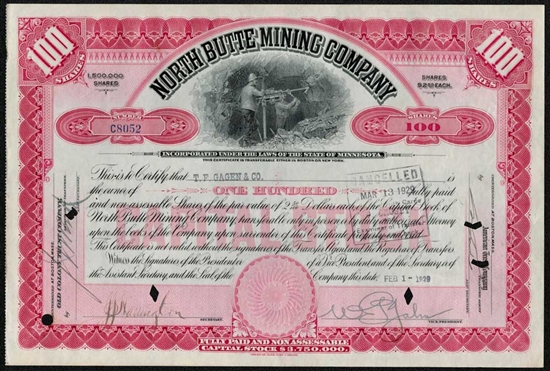 North Butte Mining Company Stock Certificate