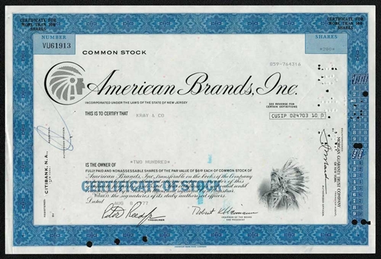 American Brands, Inc. Stock Certificate- Blue