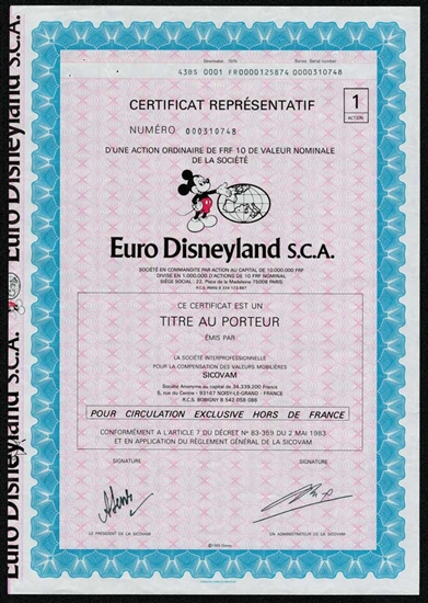 Euro Disneyland S.C.A. Stock Certificate