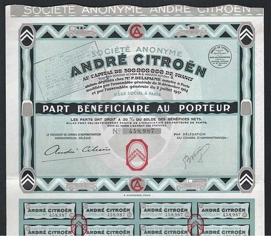 1927 Andre Citroen Bearer Bond Certificate