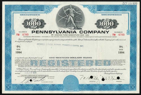 Pennsylvania Company (Pennsylvania Lines) $1000 Bond - 1970