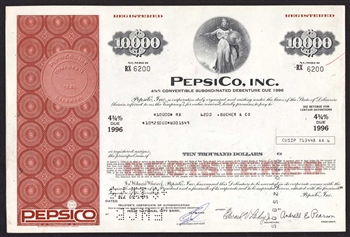 PepsiCo, Inc. $10,000 Bond Certificate - 1975